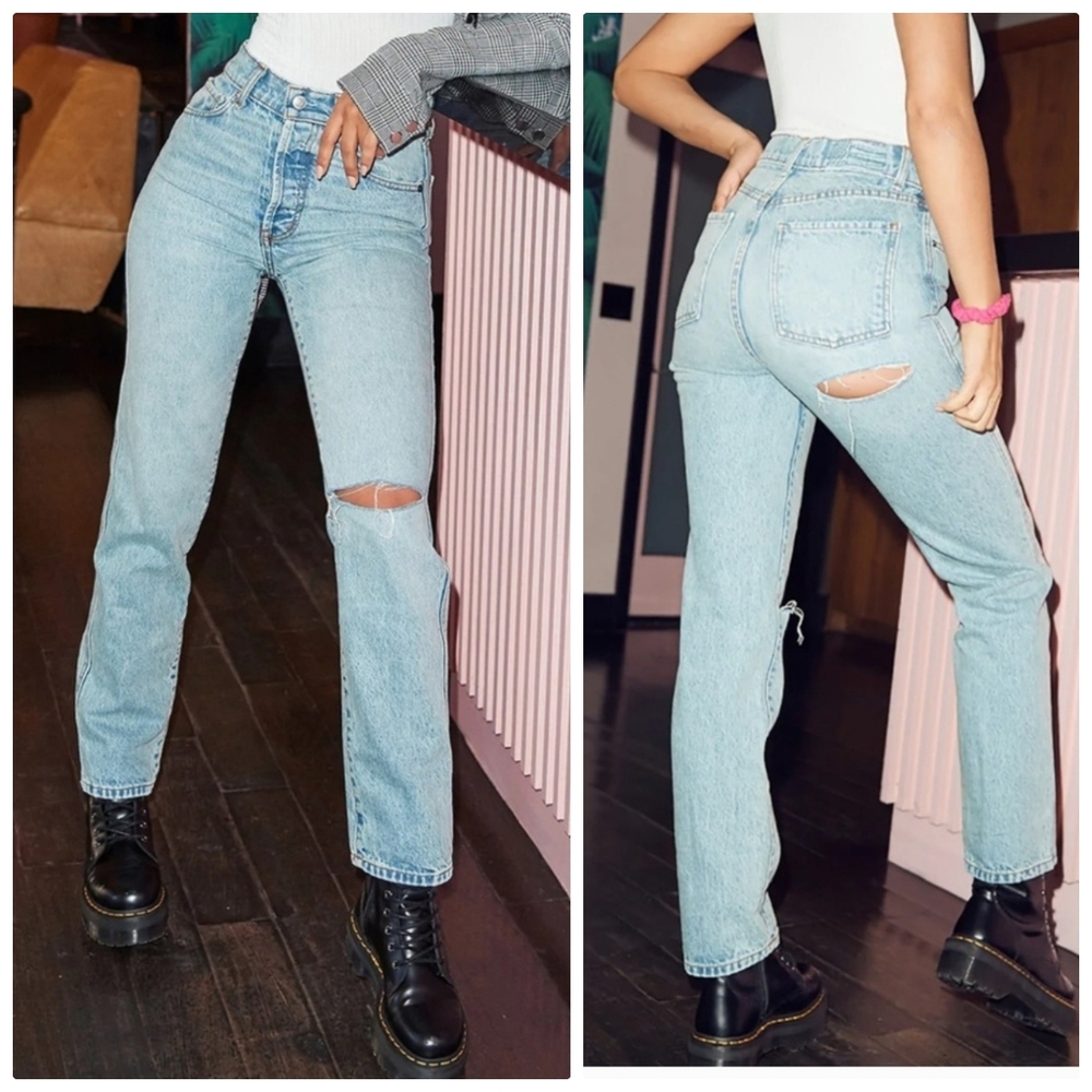 Revice Ex-Boyfriend Jeans Straight Leg Distressed Button Fly Blue Wash Size 25